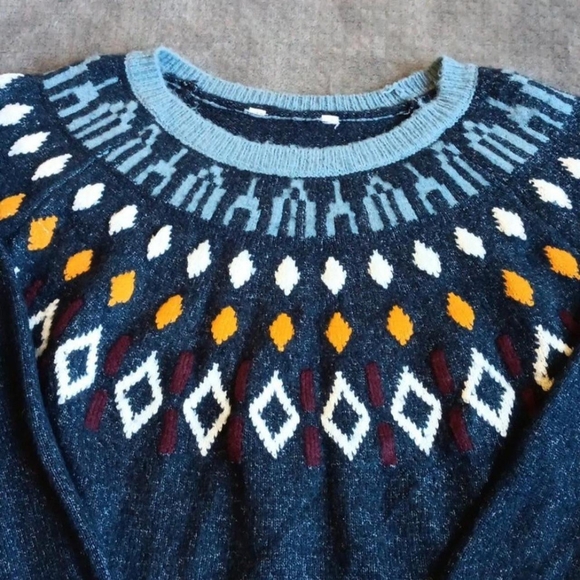 Cozy Geometric Winter Knit Sweater, Fall Knitwear, Cabincore Navy Multicolor Med - Picture 6 of 9